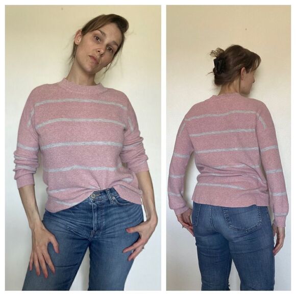 American Eagle Sweater Pink Grey Stripe Ribbed Small Oversized Slouchy - Picture 1 of 10